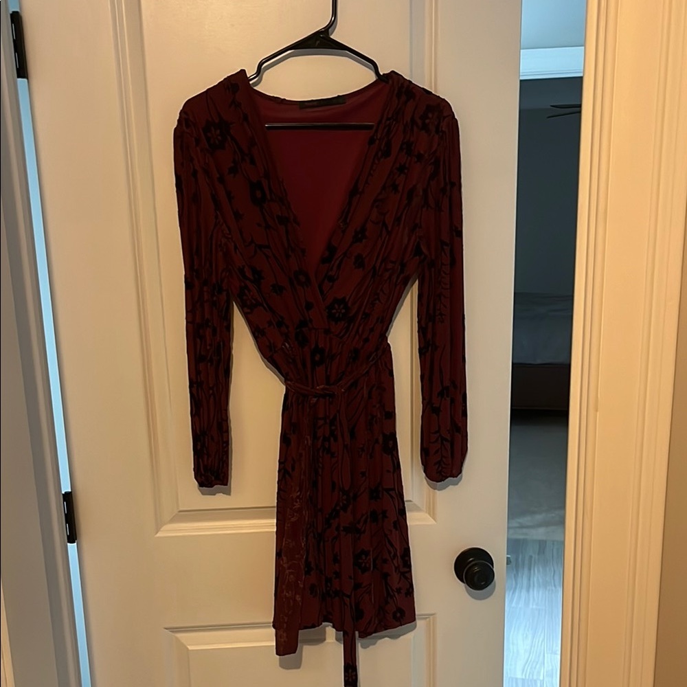 Red and Black Wrap Dress with Bishop Sleeves